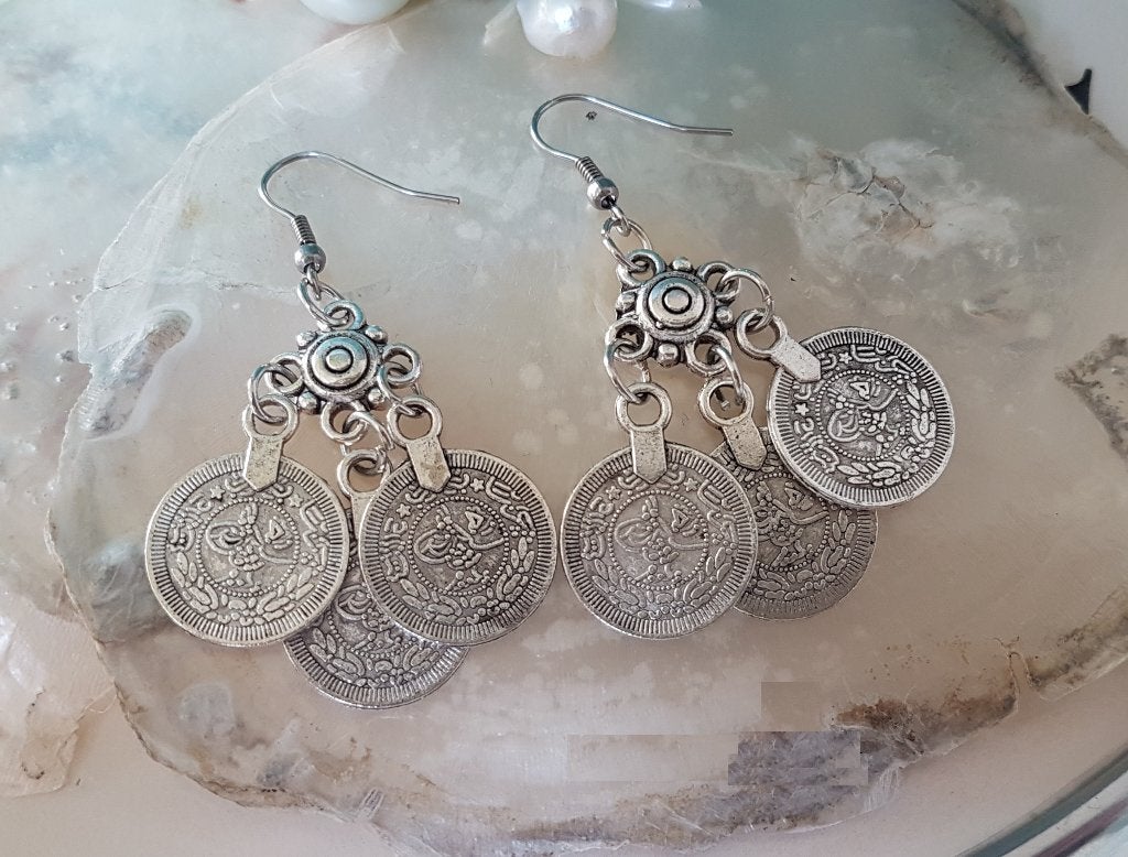 Boho Muntjes Oorbellen Tibetaans zilver, Overige materialen, Hangers, Verzenden, Nieuw