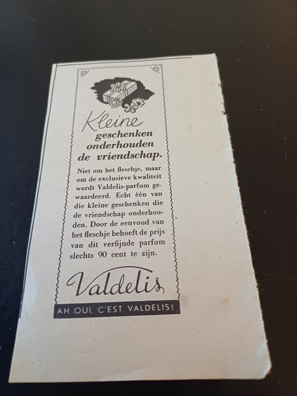 advertentie Valdelis Parfum kleine geschenken 1946, Ophalen of Verzenden, Zo goed als nieuw, Miniatuur
