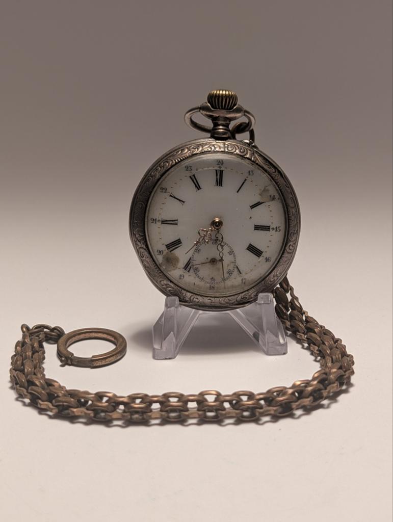 Zakhorloge (Bonne) met Ketting - Zilverkleurig, gegraveerd, Overige merken, Zakhorloge, 1900 tot 1930, Ophalen of Verzenden