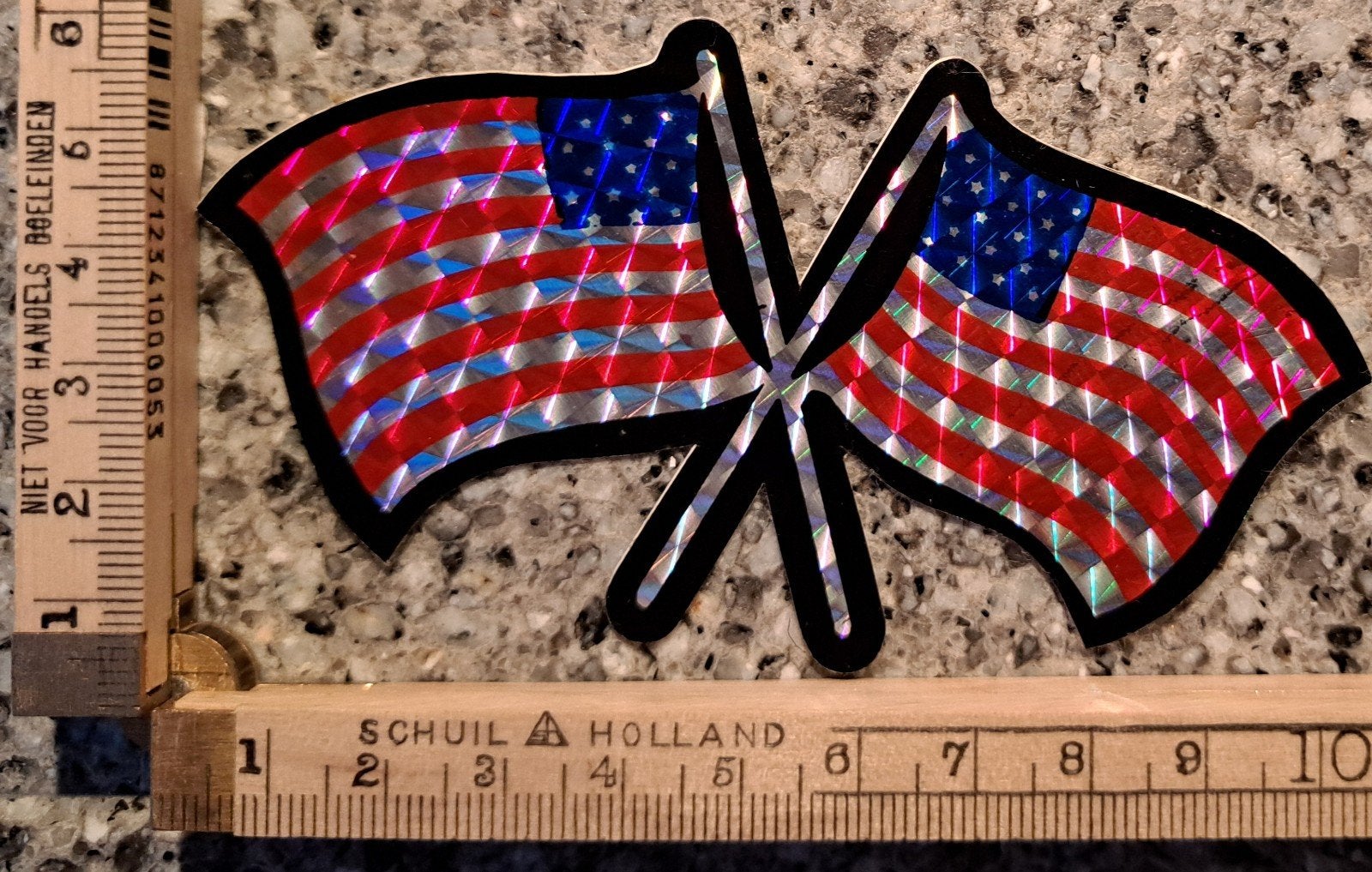 Vintage sticker 2 wapperende Amerikaanse vlaggen spiegelend, Ophalen of Verzenden, Zo goed als nieuw
