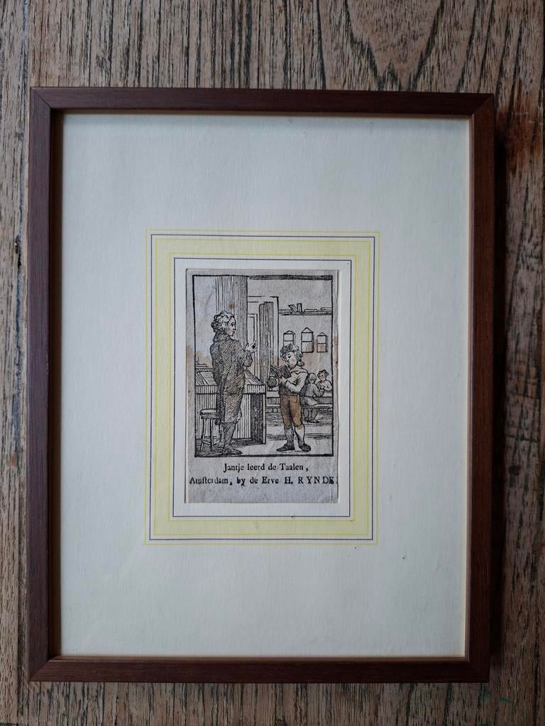 Mooie gravure Jantje leert de Taalen, Antiek en Kunst, Kunst | Etsen en Gravures, Ophalen
