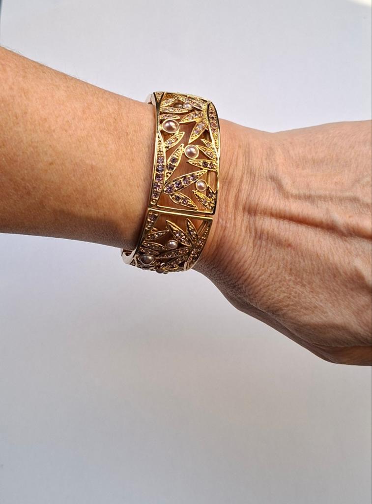Monet armband met paarse steentjes en parels, Overige materialen, Gebruikt, Met bedels of kralen, Ophalen of Verzenden