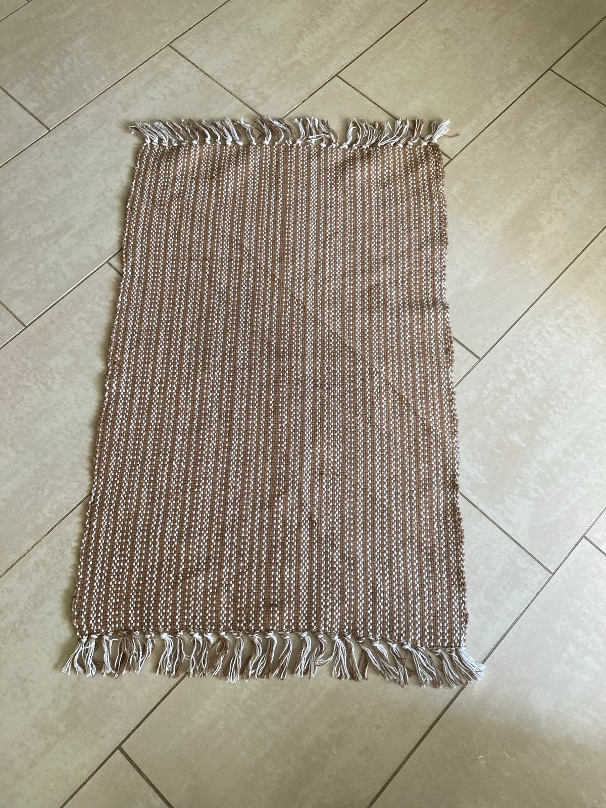 Handgeweven vloerkleed zandkleur 60x90 cm katoen/polyester, Beige, Zo goed als nieuw, Rechthoekig, 50 tot 100 cm