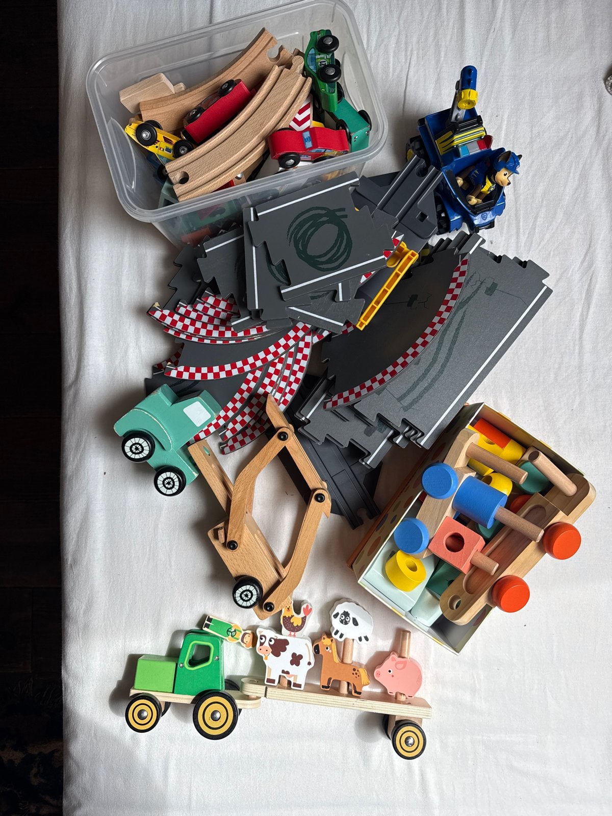 Houten speelgoed set: treinbaan, wegen, voertuigen en meer, Ophalen, Gebruikt, Jongen of Meisje