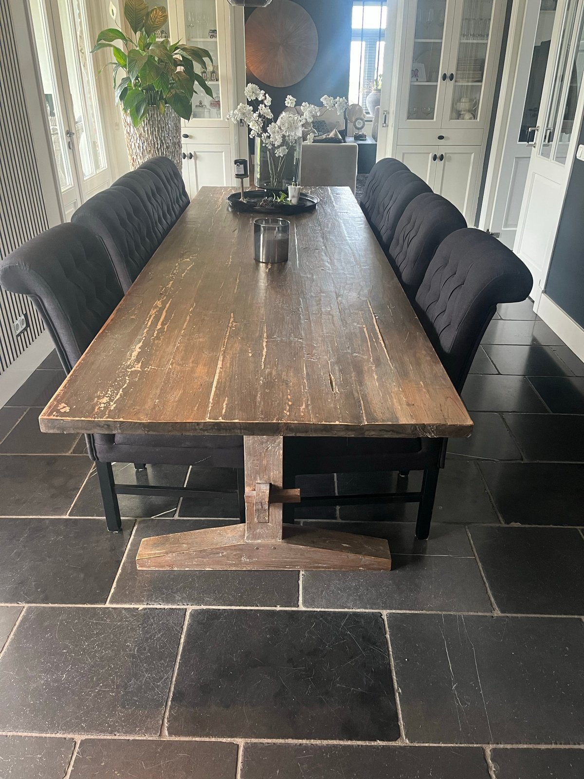 Tafel met 8 Zwarte eetkamerstoelen, Ophalen, Gebruikt, Zwart, Vijf, Zes of meer stoelen