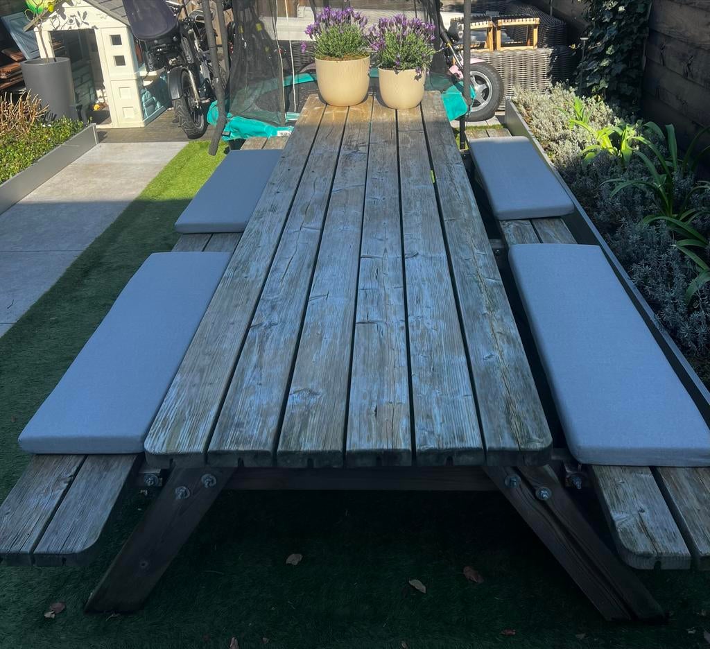 Robuuste picknicktafel van massief hout 3 meter lang, Tuin en Terras, Picknicktafels, Ophalen, Gebruikt, Rechthoekig, Hout