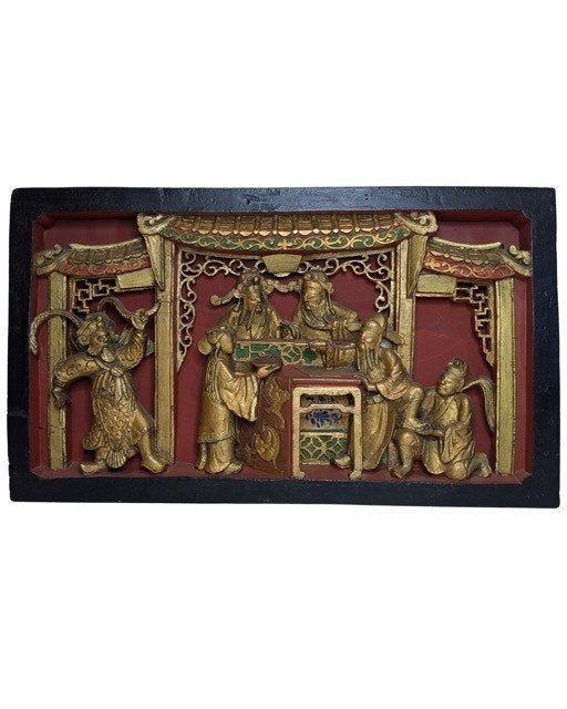 Groot antiek Chinees verguld houtsnijpaneel – Qing-dynastie, Antiek en Kunst, Ophalen of Verzenden, Op houten frame, Overige technieken