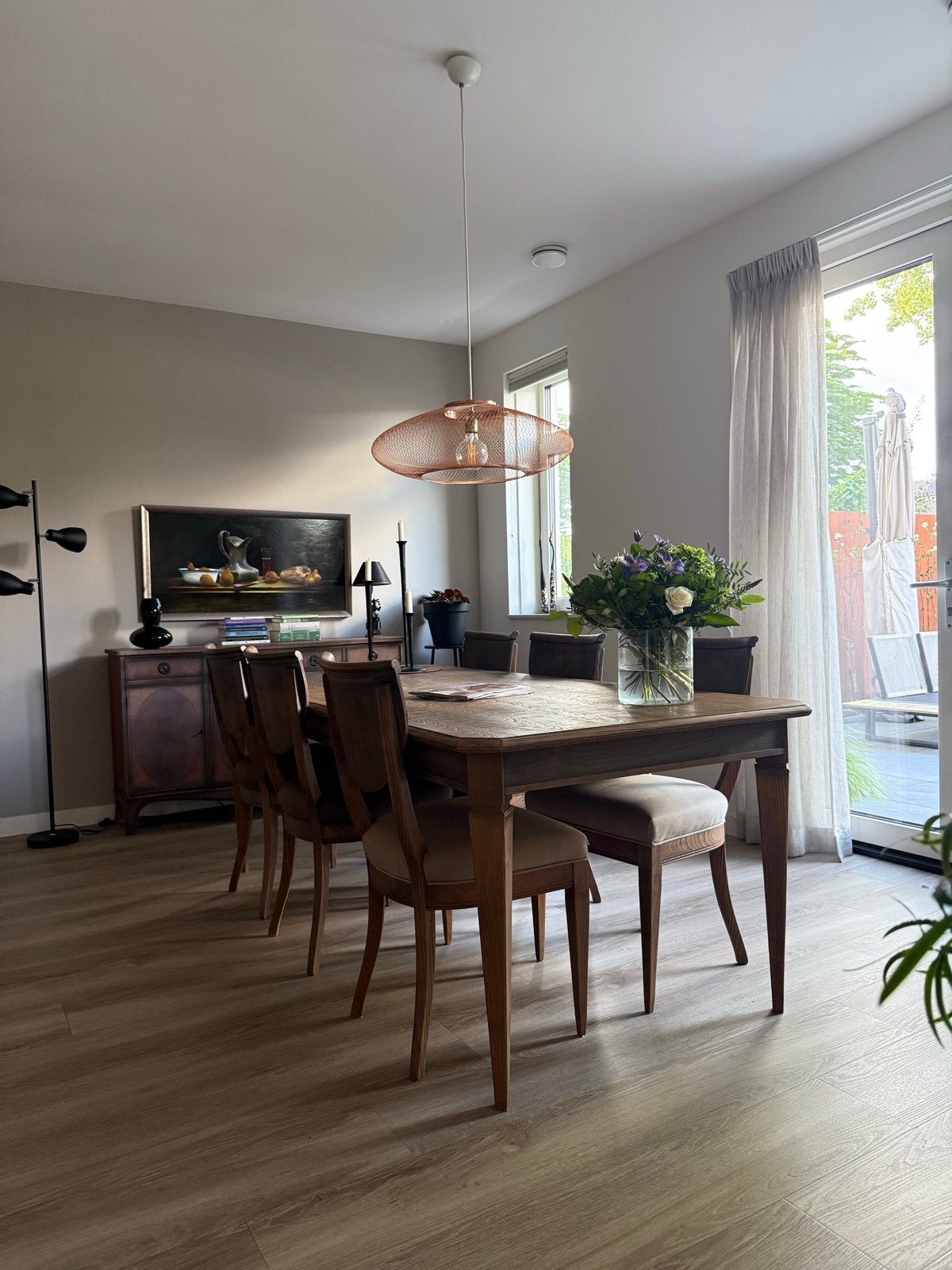 Ruime eettafel (2.20x1.00m) met 6 gestoffeerde stoelen, Ophalen, Gebruikt, 100 tot 150 cm, 200 cm of meer
