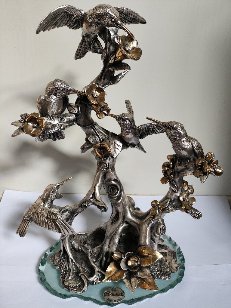 Brunel Italië Beeld - Kolibrie's (zilver/goud), Antiek en Kunst, 20 - 50 cm, Flora, Overige materialen, Beeld