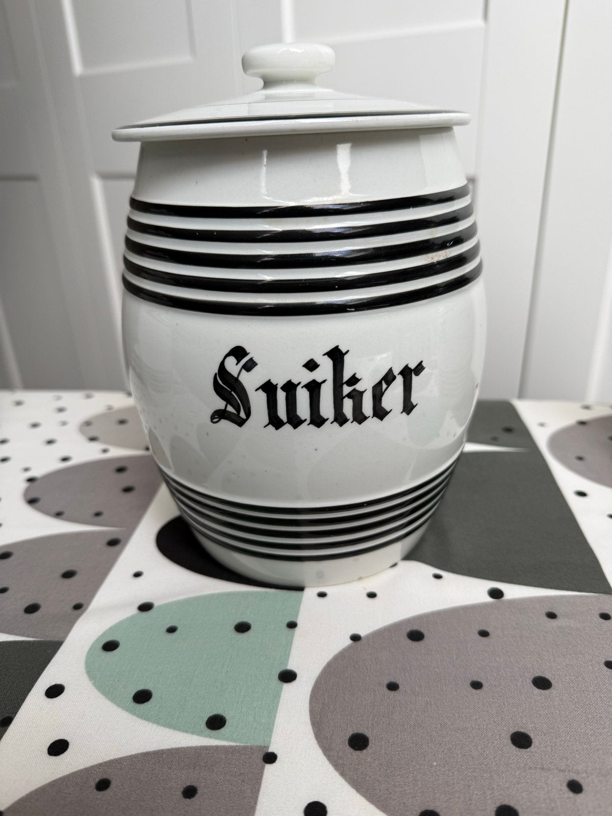 Vintage Suikerpot - Wit met Zwarte Strepen, Ophalen