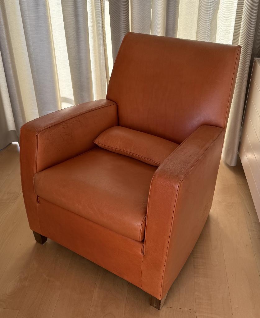Cognac leren Bench fauteuil, Huis en Inrichting, Fauteuils, Gebruikt, Leer, 75 tot 100 cm, 75 tot 100 cm, Ophalen