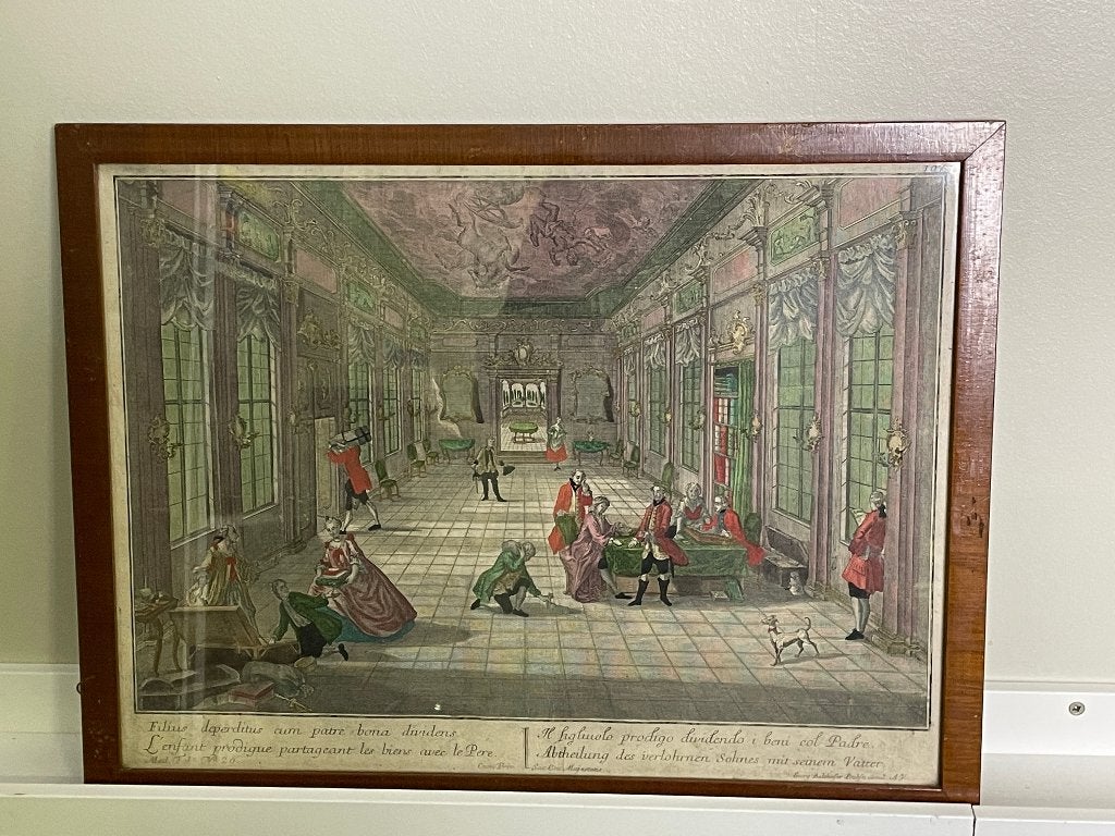 Oude Gravure: Abtheilung des verlohrnen Sohnes mit Vatter, Antiek en Kunst, Kunst | Etsen en Gravures, Dagelijks leven, 1800 - 1899