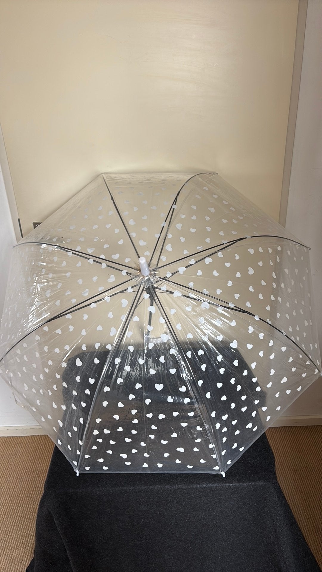 Doorzichtige paraplu met witte hartjes, Sieraden, Tassen en Uiterlijk, Paraplu's, Ophalen of Verzenden, Zo goed als nieuw, Wit