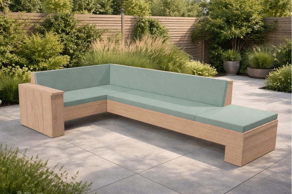 Houten hoekbank met zee-groene kussenset! Houten loungeset, Niet ingevuld, 6 zitplaatsen, Niet ingevuld, Nieuw