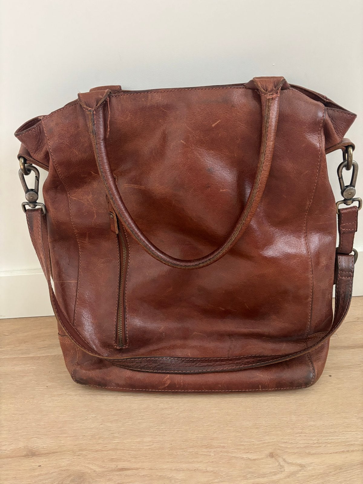 Leren schoudertas/handtas Cowboybag, cognac, c.40x30 cm, Ophalen, Gebruikt, Bruin, Handtas