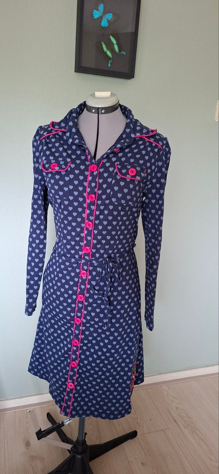Tante Betsy jurk met hartjesprint en roze details - Maat XL, Tante Betsy, Blauw, Maat 46/48 (XL) of groter, Ophalen of Verzenden