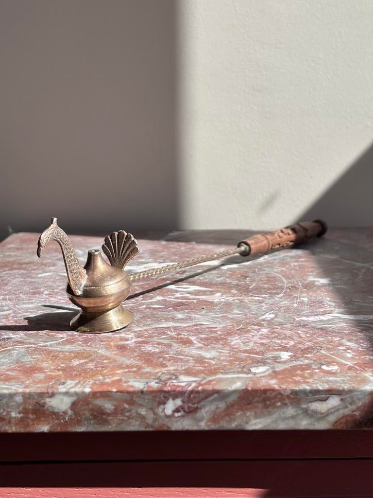 Vintage kaarsendover, messing vogel, houtsnijwerk handvat, Antiek en Kunst, Ophalen of Verzenden