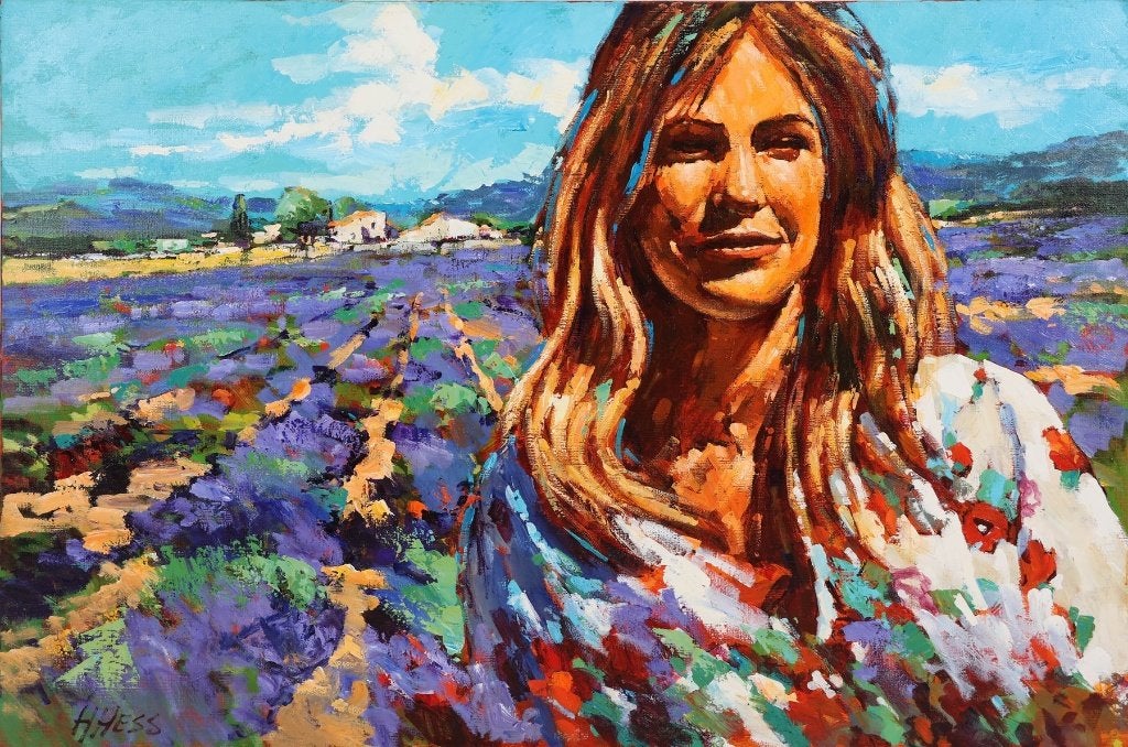 Henri Hess, dame in Lavendelveld, ZEER GROOT 150x100cm., Antiek en Kunst, Ophalen