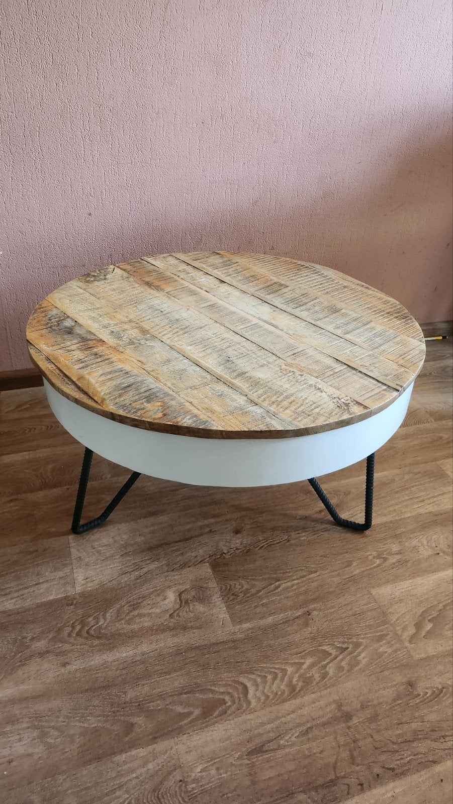 Ronde salontafel met houten blad en metalen poten, Gebruikt, 50 tot 100 cm, Rond, 50 tot 100 cm