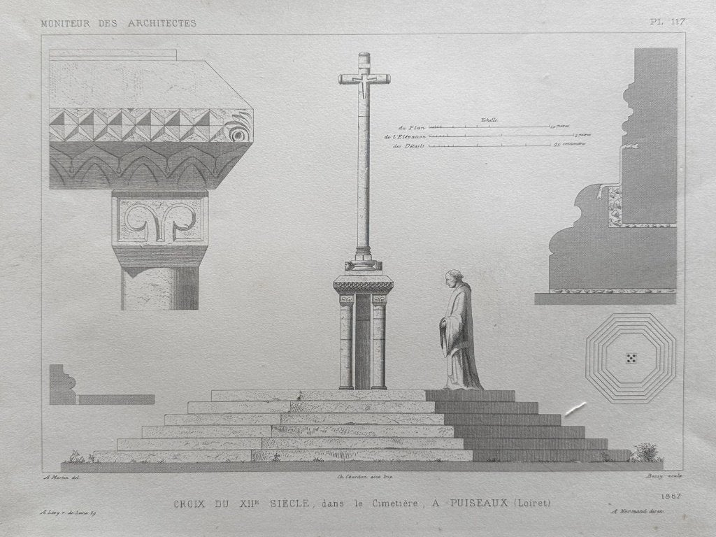 Antieke staalgravure - 12e-eeuws stenen kruis te Puiseaux, Verzenden, Architectuur, Gravure, 40 cm