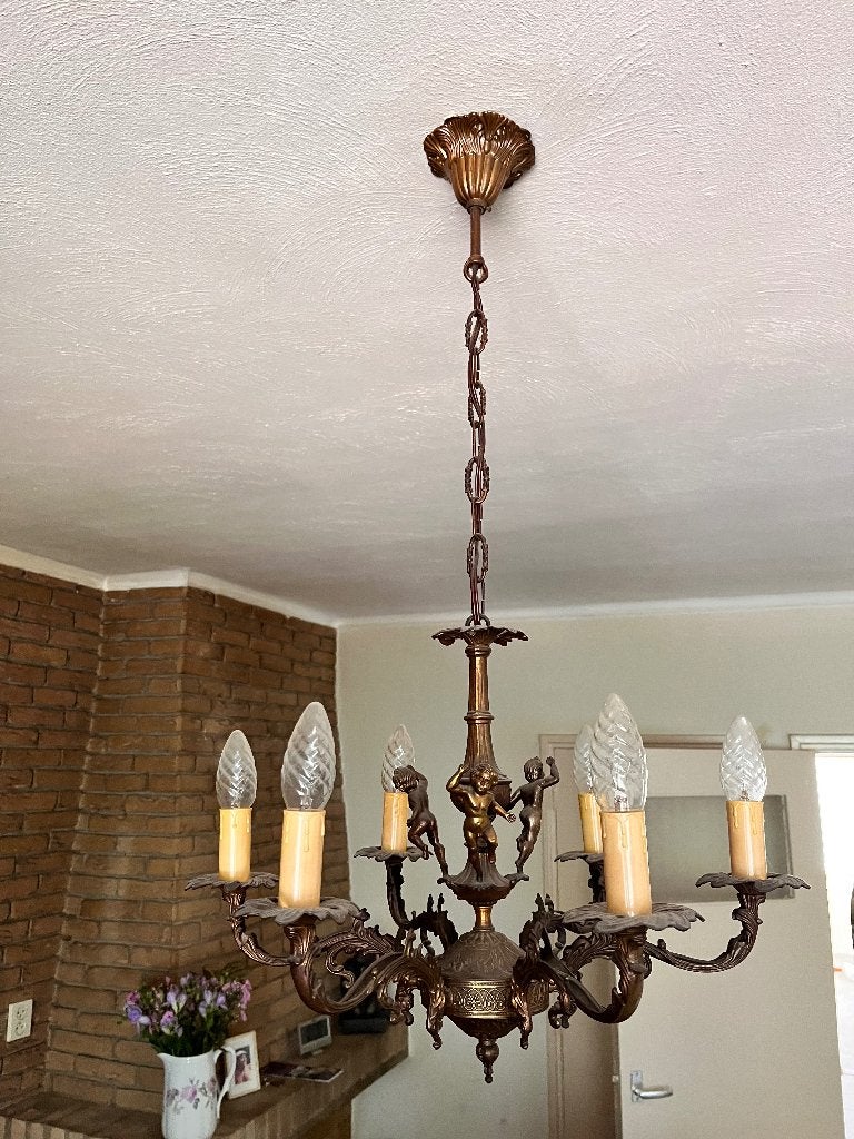 Antieke messing kroonluchter/ hanglamp engelen (Cherubijnen), Ophalen, Koper of Brons