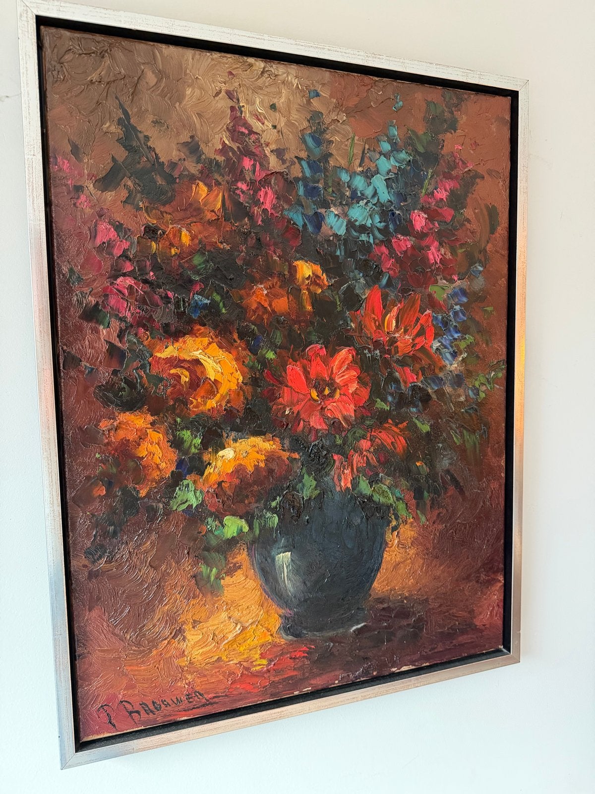 Peter Brouwer - Levendig bloemstilleven, Doek, Impressionistisch, Gesigneerd, Olieverf