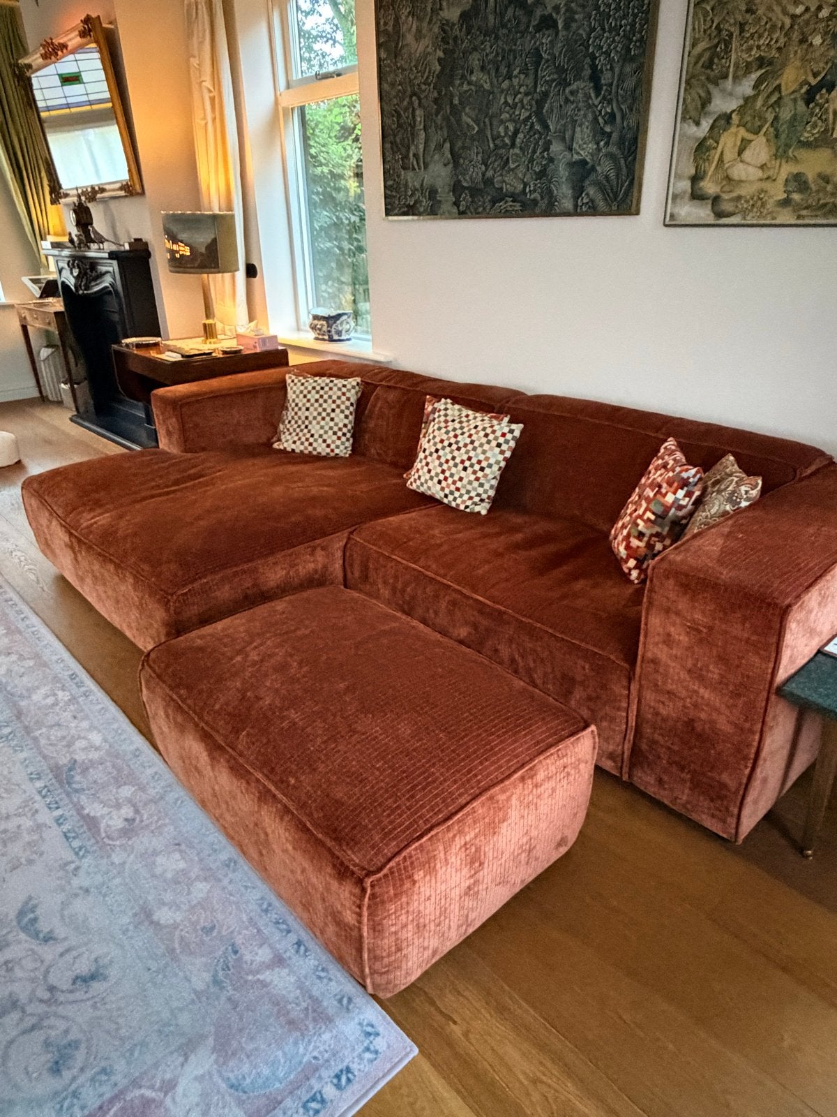 Comfortabele Hoekbank met Chaise Longue - Oranje/Bruin