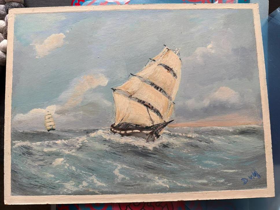 Olieverfschilderij: Zeilschip op woelige zee, gesigneerd, Antiek en Kunst, Kunst | Schilderijen | Klassiek, Ophalen of Verzenden