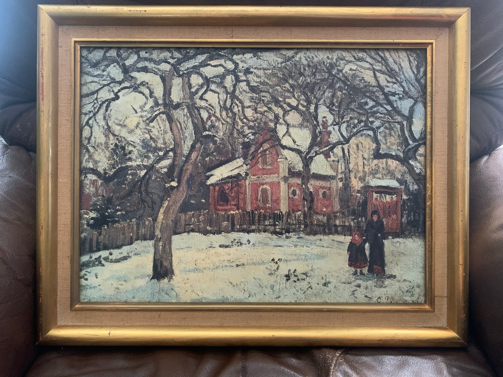 Reproductie van Pissarro: Winterlandschap met figuren, Doek, Impressionistisch, Ophalen of Verzenden, Landschap