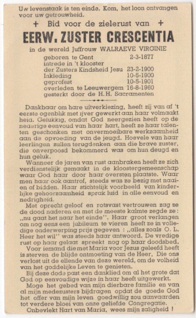 zr. Walraeve Virginie 1877 Gent + 1960 Leeuwergem, 83 jaar, Verzamelen, Ophalen of Verzenden