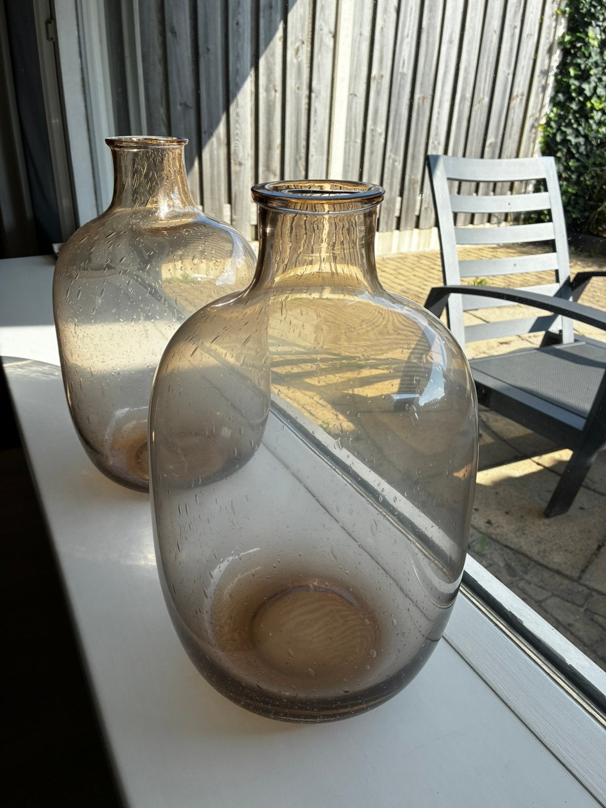 2x Vaas € 12,50 samen - 40 cm h. - glas - roze/terra gloed, Ophalen, 40 cm, Roze, Glas