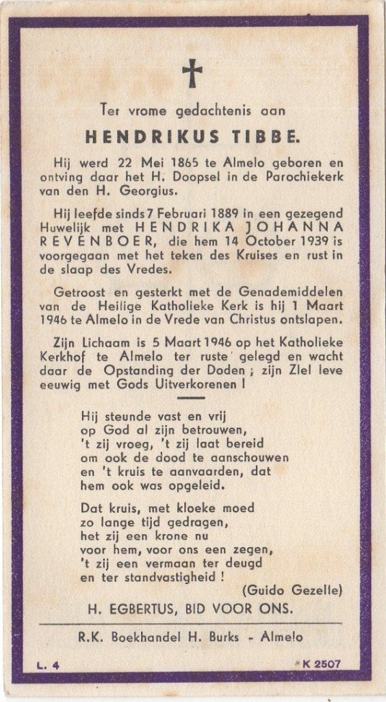 Hendrikus Tibbe 1865 Almelo + 1946 Almelo, 80 jaar oud, Verzamelen, Bidprentjes en Rouwkaarten, Verzenden