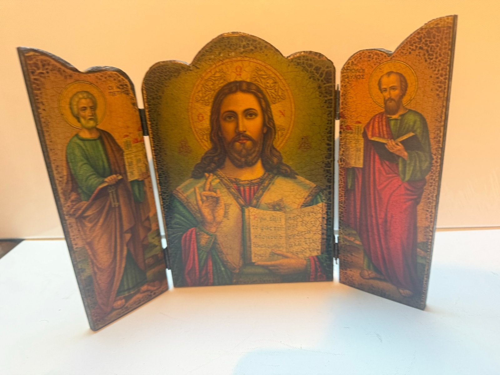 Antiek drieluik icoon met Jezus en apostelen, Antiek en Kunst, Ophalen of Verzenden