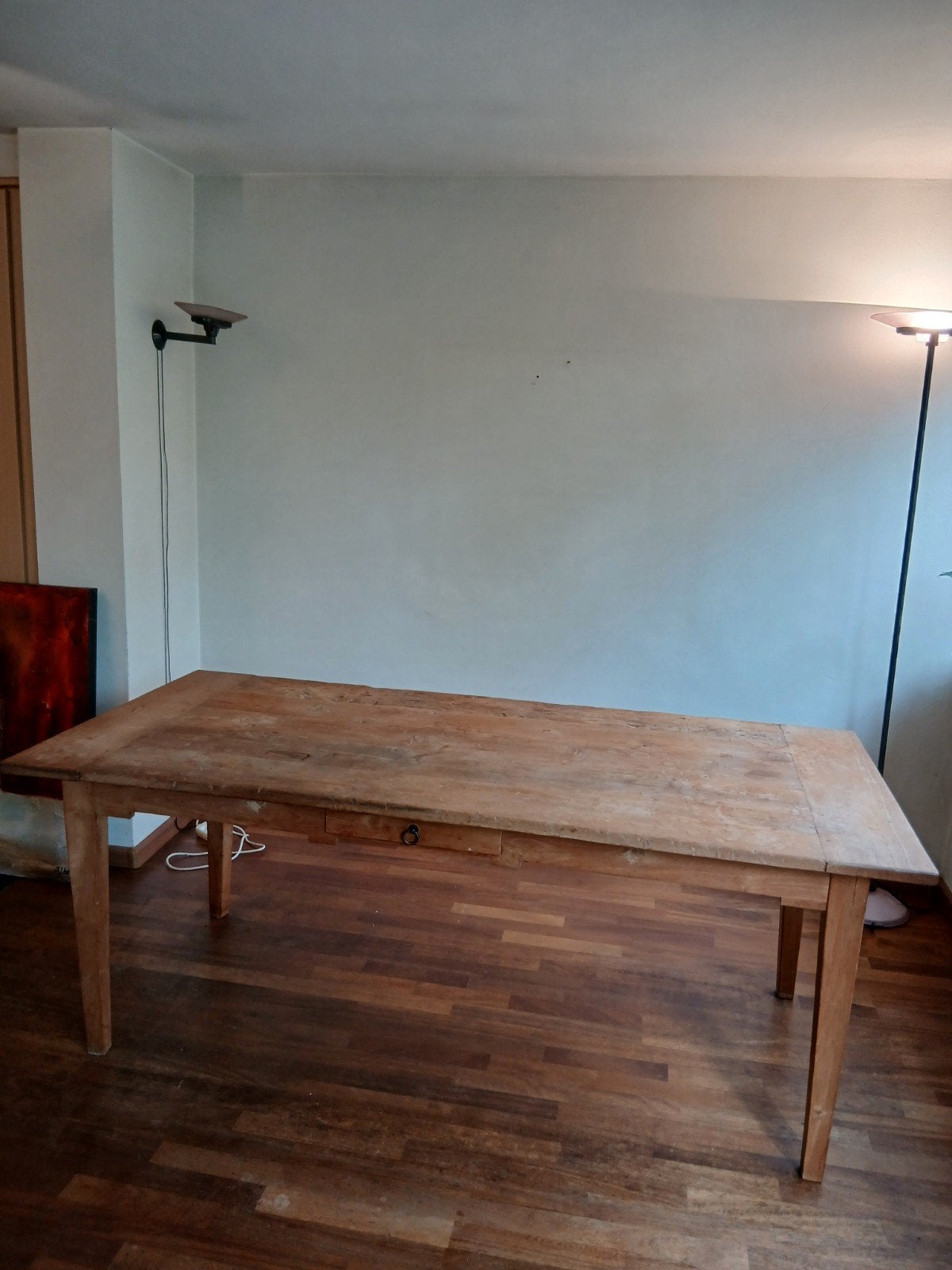 Robuuste teakhouten eettafel met lade - Vintage look, Huis en Inrichting, Tafels | Eettafels, Ophalen, Gebruikt, Teakhout, 200 cm of meer