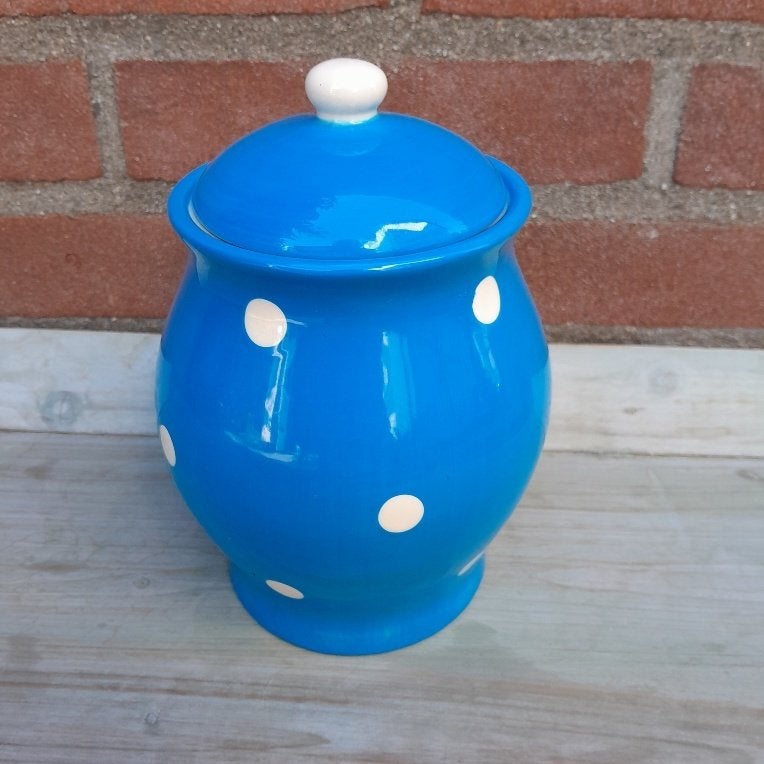 Blauwe voorraadpot met witte stippen, Ophalen of Verzenden, Voorraadpot, Steen/keramiek, Overige merken
