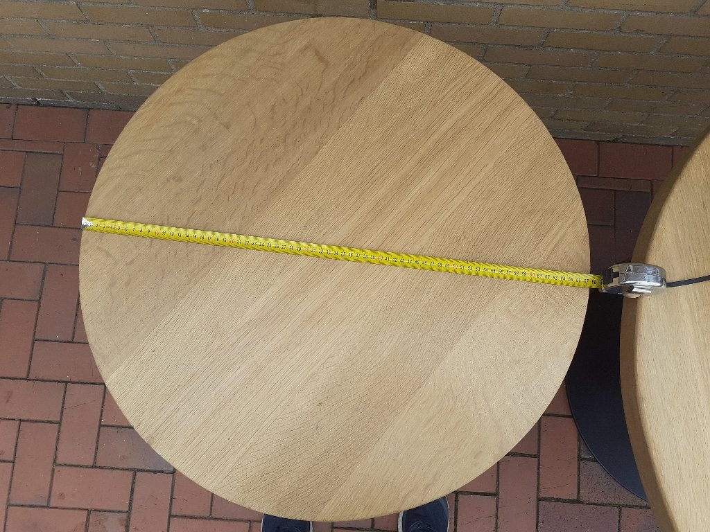 Ronde eiken 68 blad 4.5 dik staal poot 74 hoog tafel's tafel, Ophalen, Rond, 55 tot 75 cm, Zo goed als nieuw