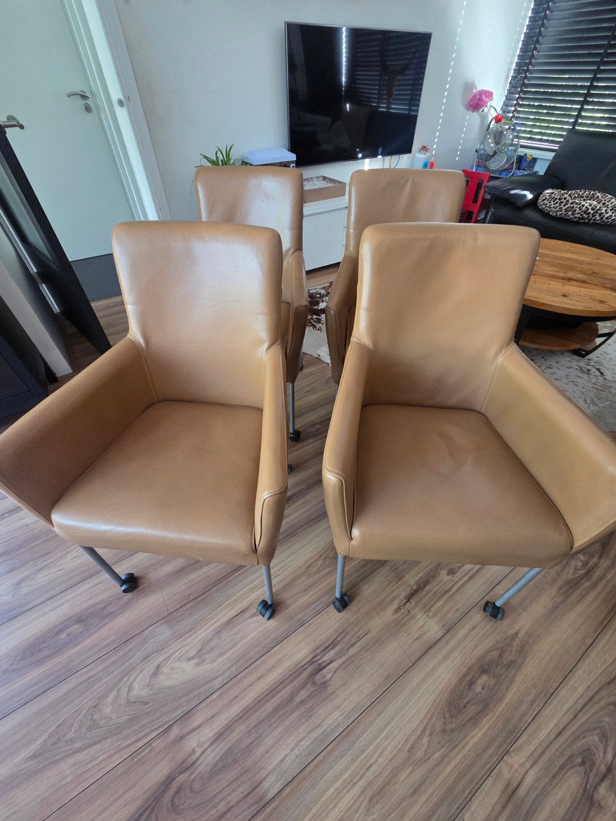 4 Leren Eetkamerstoelen Camel met Wieltjes, Ophalen, Gebruikt, Overige kleuren, Leer