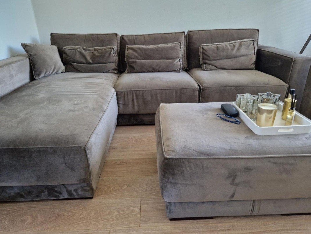 Grote hoekbank met fauteuil en poef - Taupe, Ophalen, Modern, Comfortabel, 250 tot 300 cm, 100 tot 125 cm