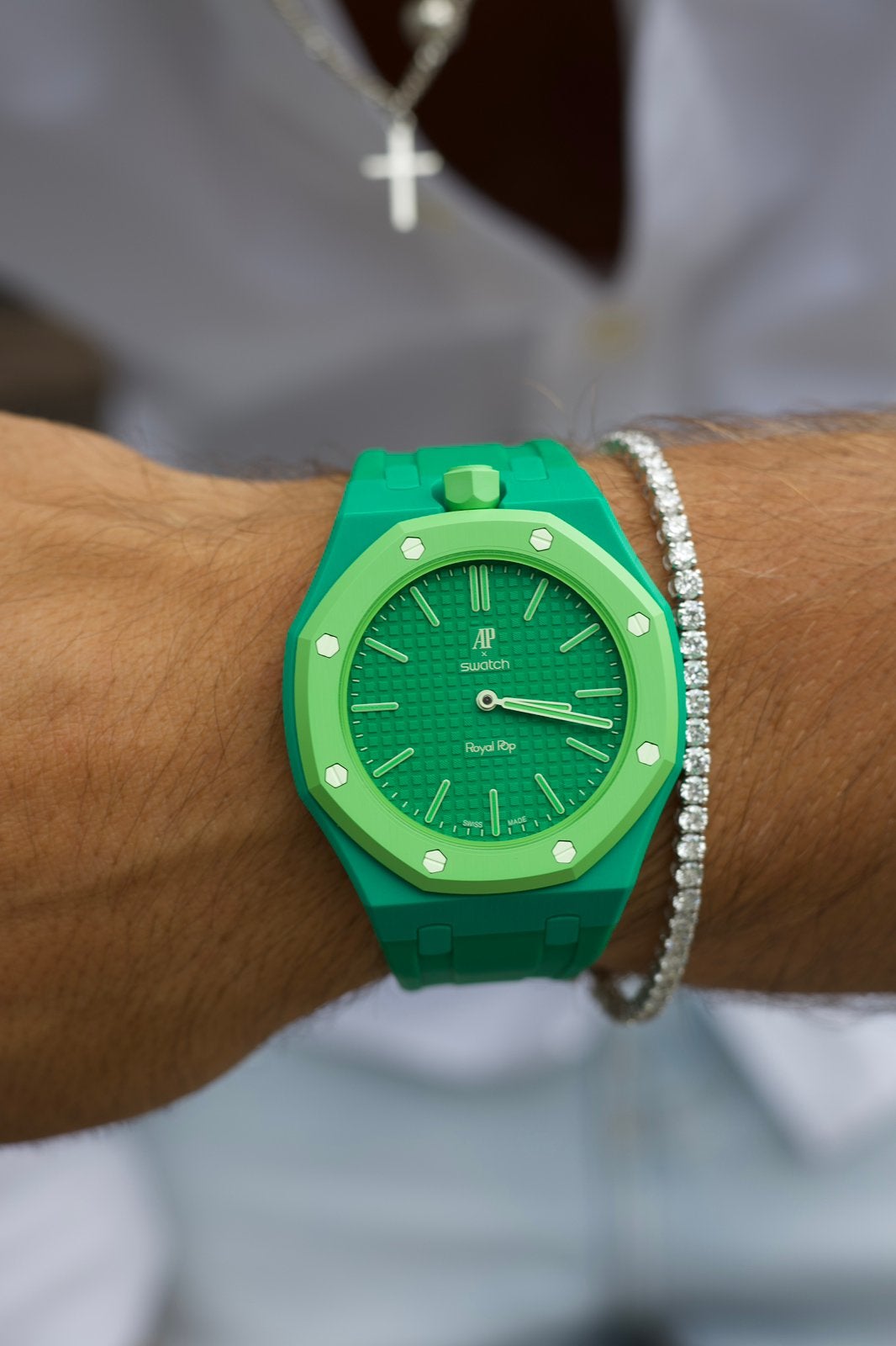 AP x Swatch Horlogebandje Royal Pop Eight Green, --, Nieuw, Ophalen of Verzenden, --