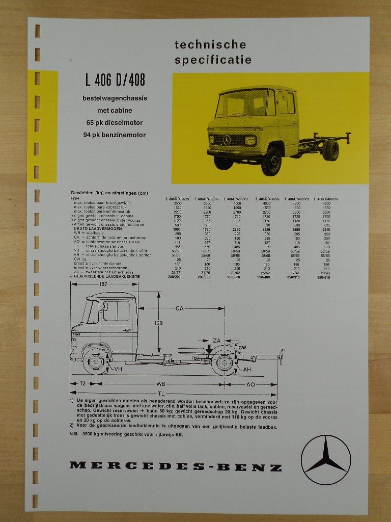 Mercedes 406 408 Technische Specificatie Brochure 1973 406D, Zo goed als nieuw, Mercedes-Benz, Mercedes, Ophalen of Verzenden