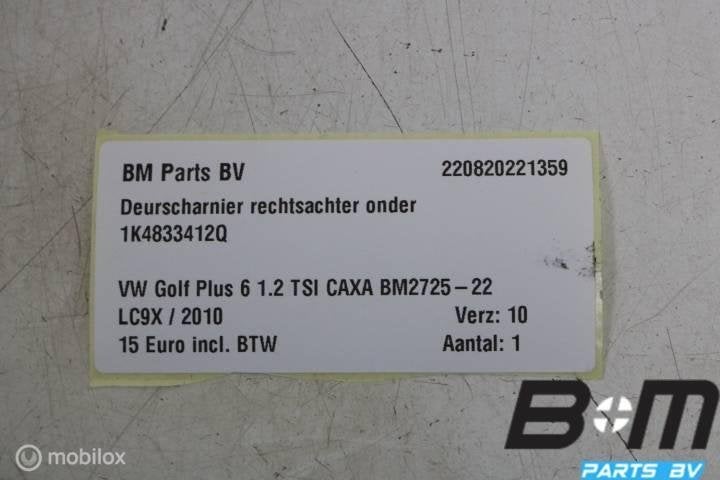 Deurscharnier rechtsachter onder Golf Plus 6 1K4833412Q, Gebruikt