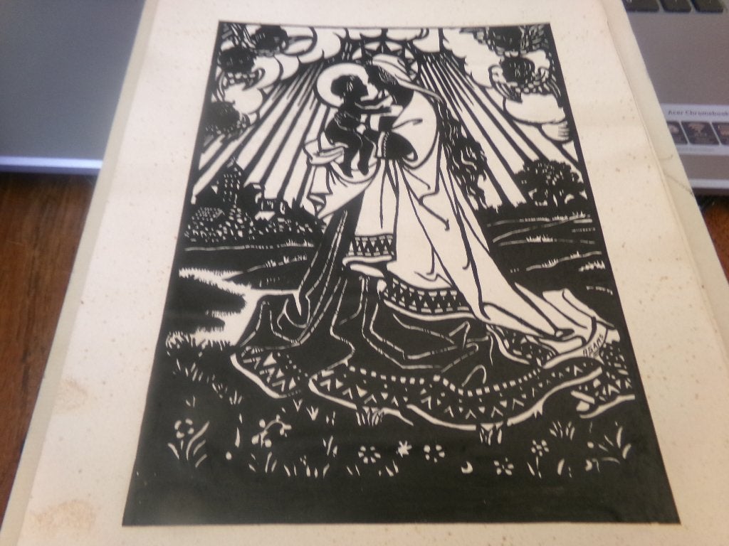 Houtsnede - Maagd Maria en baby Jezus - A. Sars Gesigneerd, Ophalen of Verzenden, Religie, Houtsnede