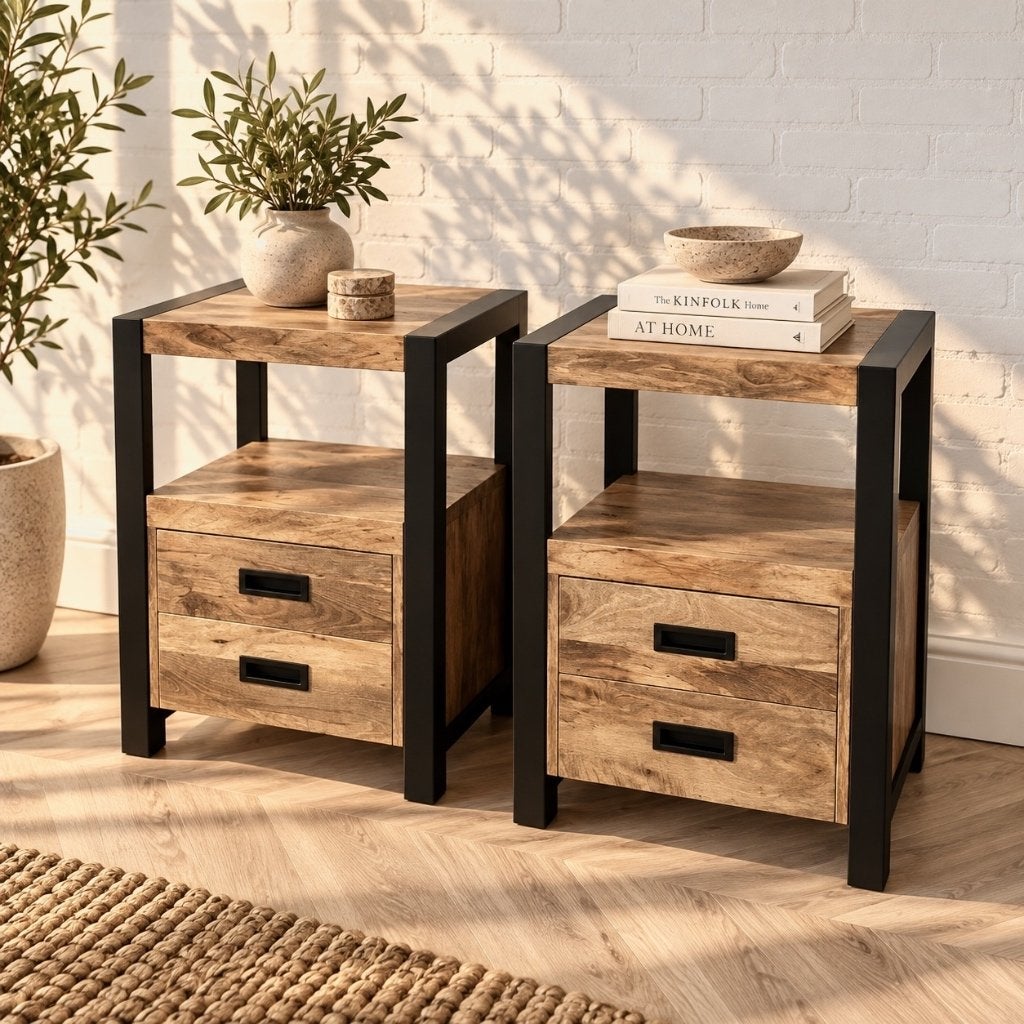 Magazijn Leegverkoop Set nachtkastjes Britt mangohout metaal, Huis en Inrichting, Hout, Nieuw, Ophalen of Verzenden, Info@wkhome.nl