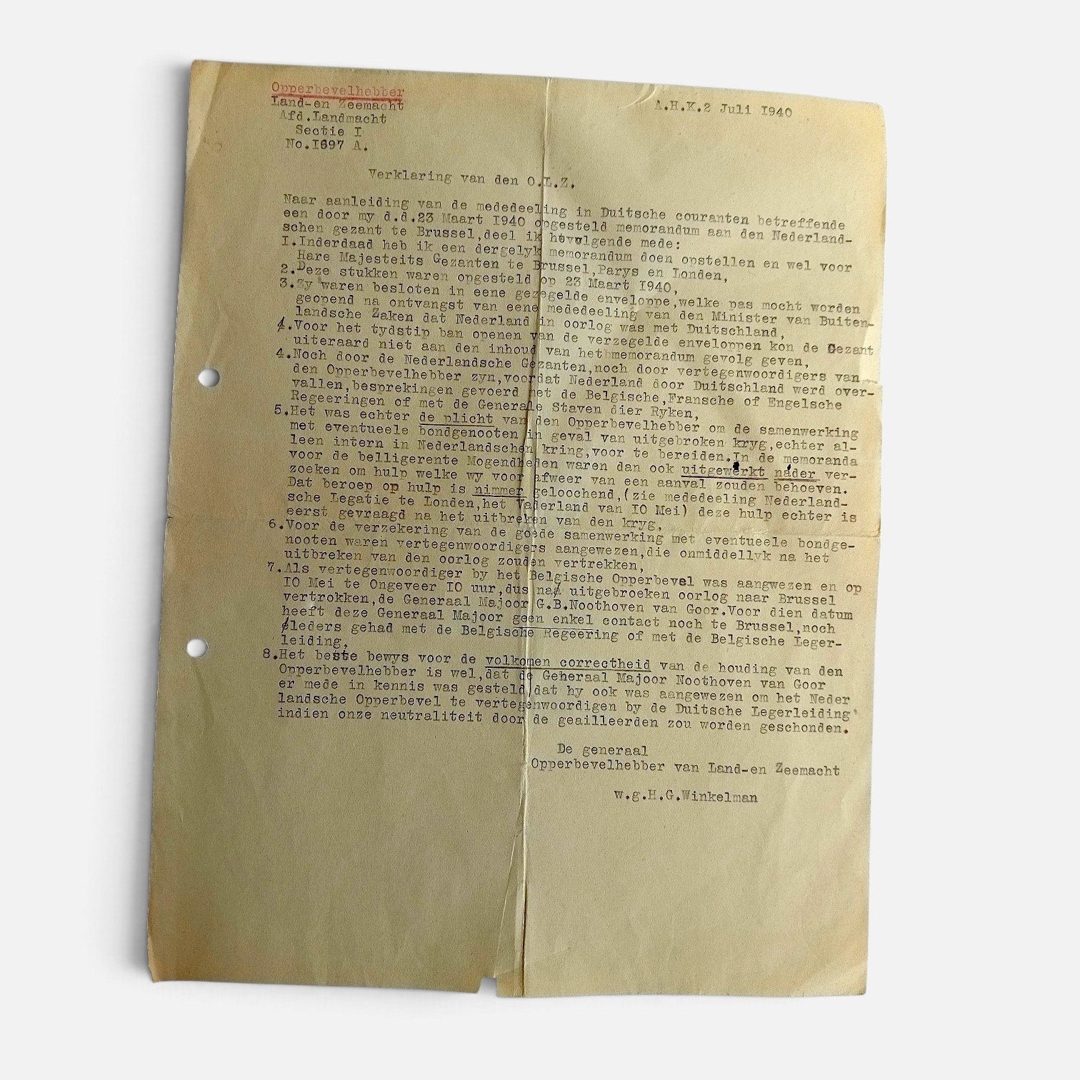 Zeldzaam WO2 Document Generaal Winkelman (2 Juli 1940 - OLZ), Verzamelen, Ophalen of Verzenden, Landmacht, Nederland, Hulzen of Bodemvondsten