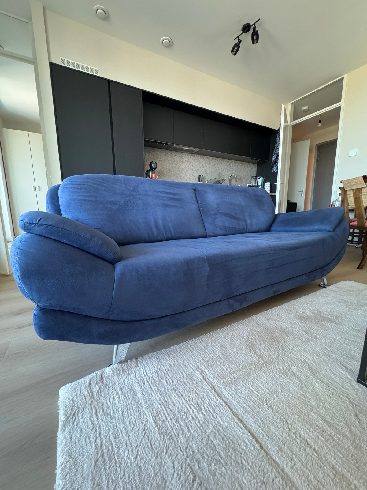 Comfortabele blauwe bank en fauteuil set, Huis en Inrichting, Banken | Bankstellen, Ophalen, Gebruikt, 150 tot 200 cm, Driepersoons