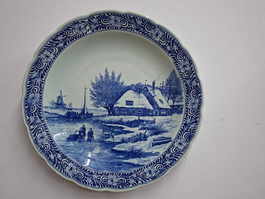 antiek delfsblauw wandbord winterlandschap, Antiek en Kunst, Ophalen of Verzenden