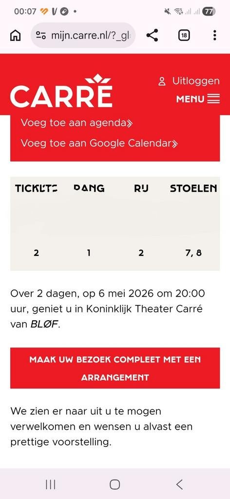 2 kaarten Bløf (loge zijkant rij 2 stoel 7&8) 6 mei Carré, Tickets en Kaartjes, Twee personen, Overige soorten