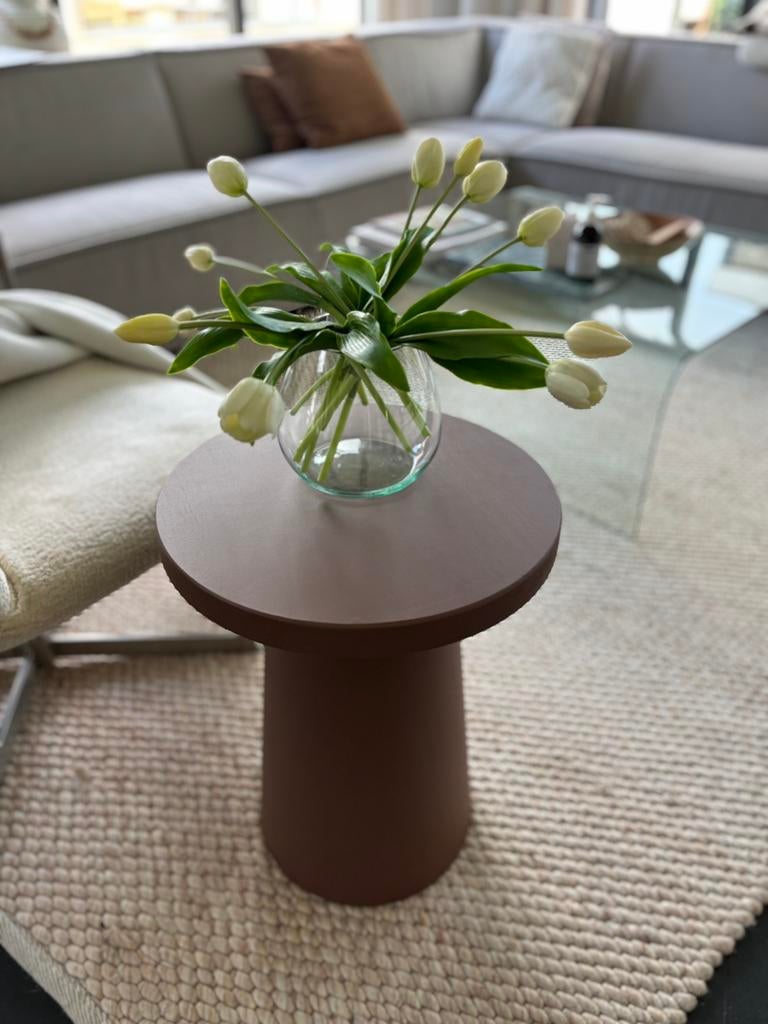 Bijzettafel rond met trompet poot - bruin of beige, Ophalen, Minder dan 55 cm, ', Rond