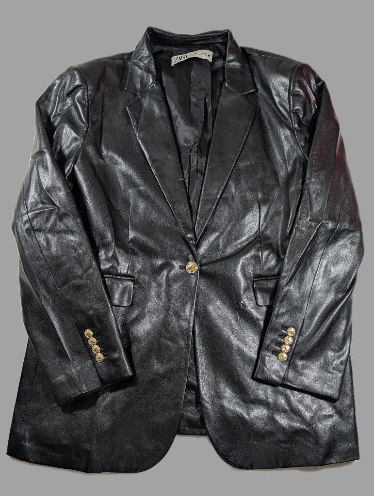Zara | leren blazer | maat XXL | zwart | jasje gouden knopen, Maat 46/48 (XL) of groter, Ophalen of Verzenden, Jasje, Gedragen