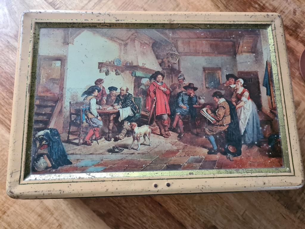 Oud blik met afbeelding oude herberg, Verzamelen, Blikken, Ophalen of Verzenden, Gebruikt, Overige